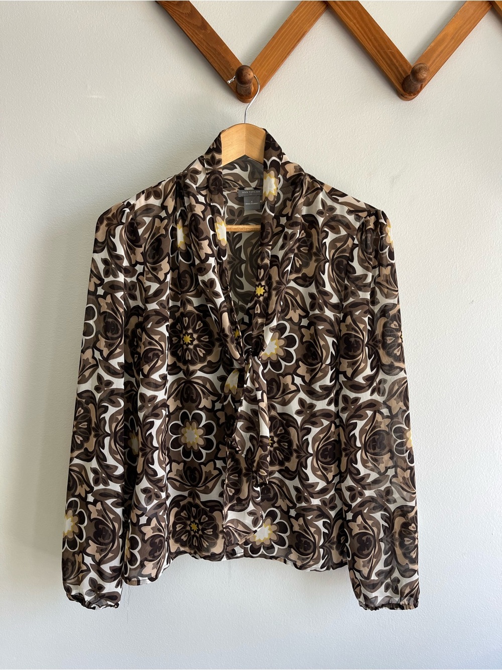 Ann Taylor Floral Tie-Neck Sheer Blouse in Brown, Cream and Yellow
